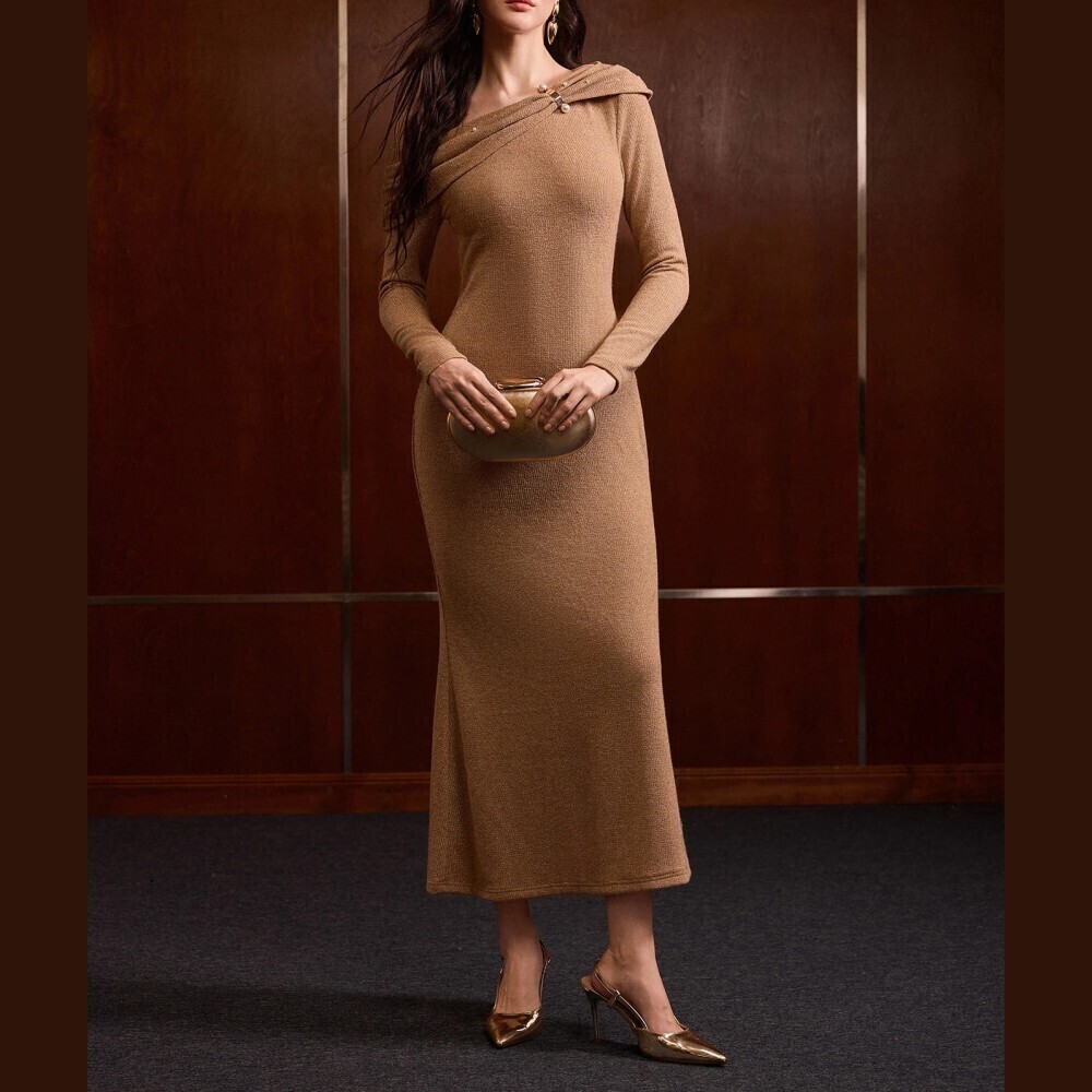 Tan Ribbed Knit Asymmetrical Neck Long Sleeve Bodycon Maxi Dress